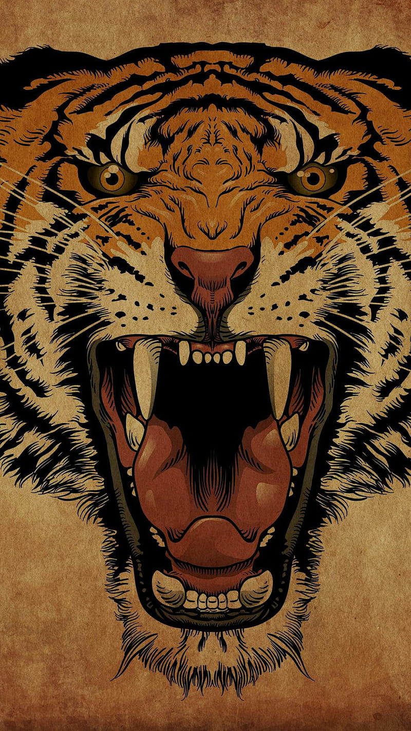 Mad tiger, angry, animal, drawings, face, teeth, tiger, wild, HD phone wallpaper