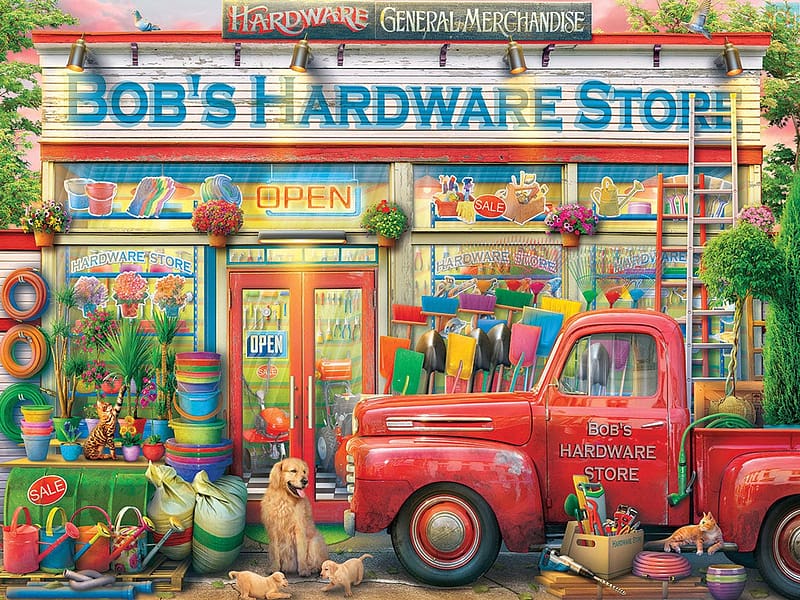 Bob's Hardware, car, artwork, dog, painting, utensils, store, cat, HD wallpaper