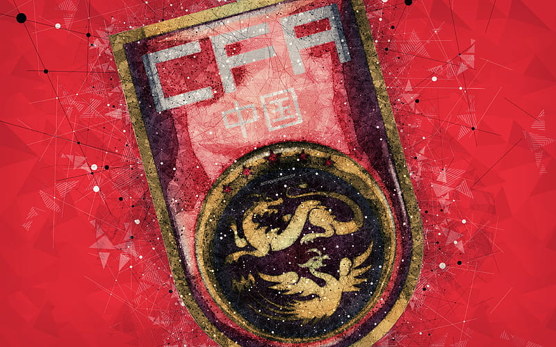 China national football team geometric art, logo, red abstract background, Asian Football Confederation, Asia, emblem, China, football, AFC, grunge style, creative art, Peoples Republic of China, HD wallpaper