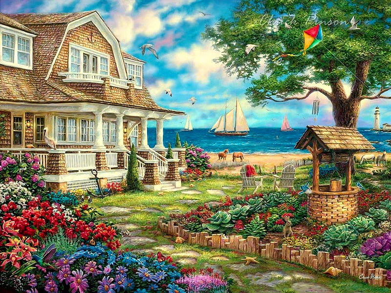 Sea Garden Cottage, house, tree, well, painting, path, sailboat, clouds, artwork, HD wallpaper