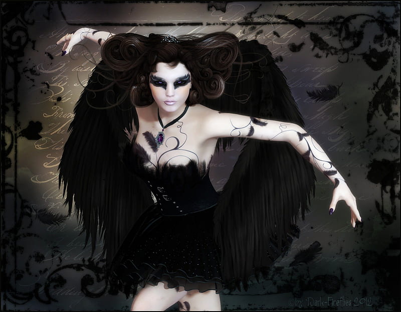 **Black Swan Queen**, pretty, queen, bonito, digital art, hair, fantasy, splendor, face, feathers, gorgeous, female, wings, lovely, tattoo, Dark Fireflies, colors, black, lashes, dresses, lips, cool, dark, awesome, black swan, scenes, 3D art, eyes, HD wallpaper