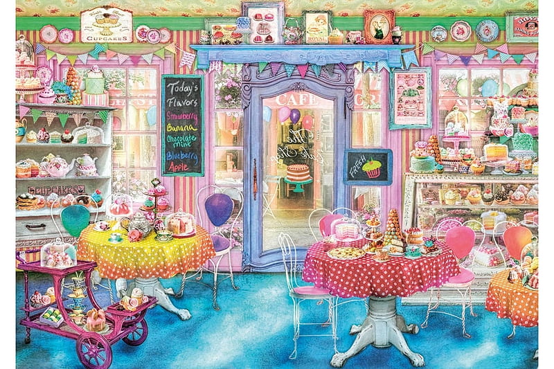 Cake Shop, table, cake, shop, art, sweets, aimee stewart, pink, blue, HD wallpaper