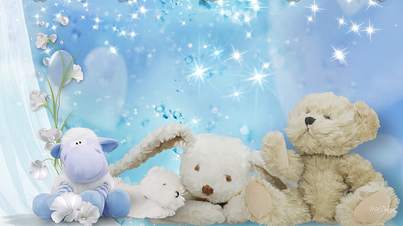 Soft and Fluffy, rabbit, firefox persona, curtain, soft, baby, plush, hippo, flowers, bunny, teddy bear, toys, blue, HD wallpaper
