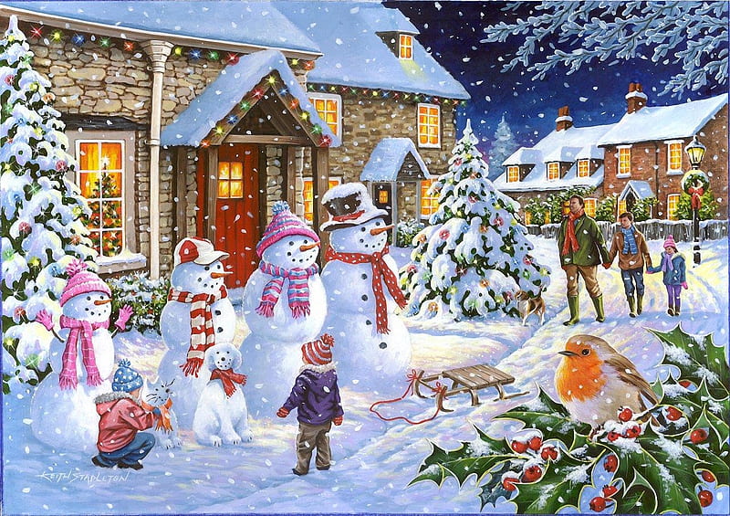 Snow family, snowmen, snow, houses, painting, village, trees, HD wallpaper