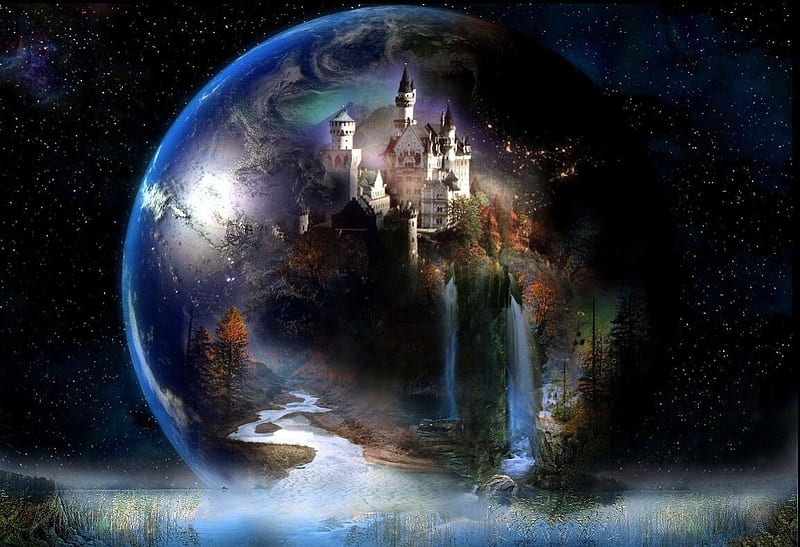 The Paradise World, globe, world, trees, waterfalls, fantasy, paradise, river, castle, light, HD wallpaper