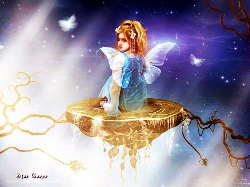 Star Gazer, Stars, wings, stone, sky, artwork, fairy, lights, HD wallpaper