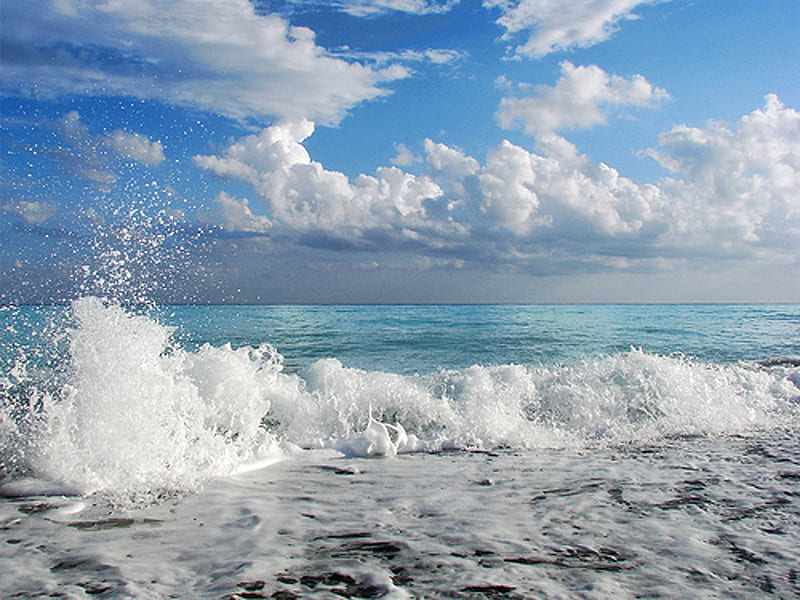 Breaking Waves, beach, sand, ocean, cloulds, sky, sea, blue, HD wallpaper