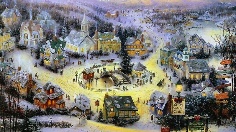 St. Nicholas Circle, christmas tree, christmas, snow, people, houses, snowman, church, winter, HD wallpaper