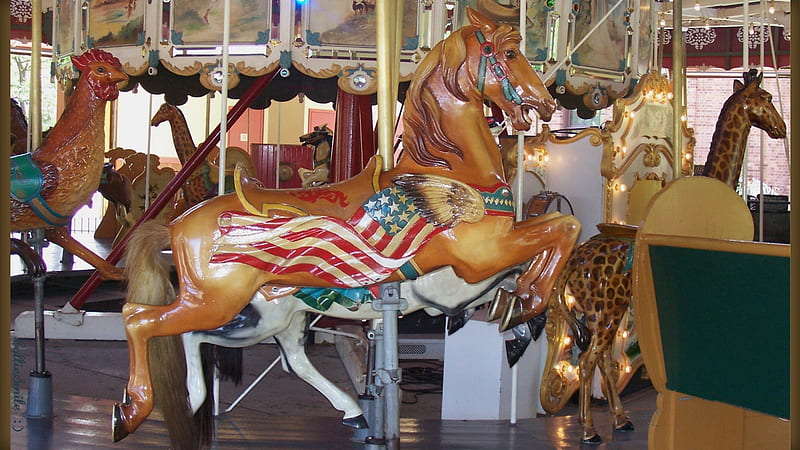 American Flag Carousel Horse, f1ag, rooster, chicken, merry-go-round, American flag, horse, flag, horses, giraffes, antique, carousel, merry go round, giraffe, carouse1, vintage, HD wallpaper