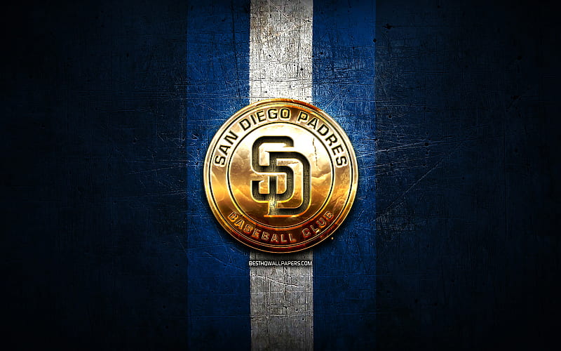 San Diego Padres, golden logo, MLB, blue metal background, american baseball team, Major League Baseball, San Diego Padres logo, baseball, USA, HD wallpaper