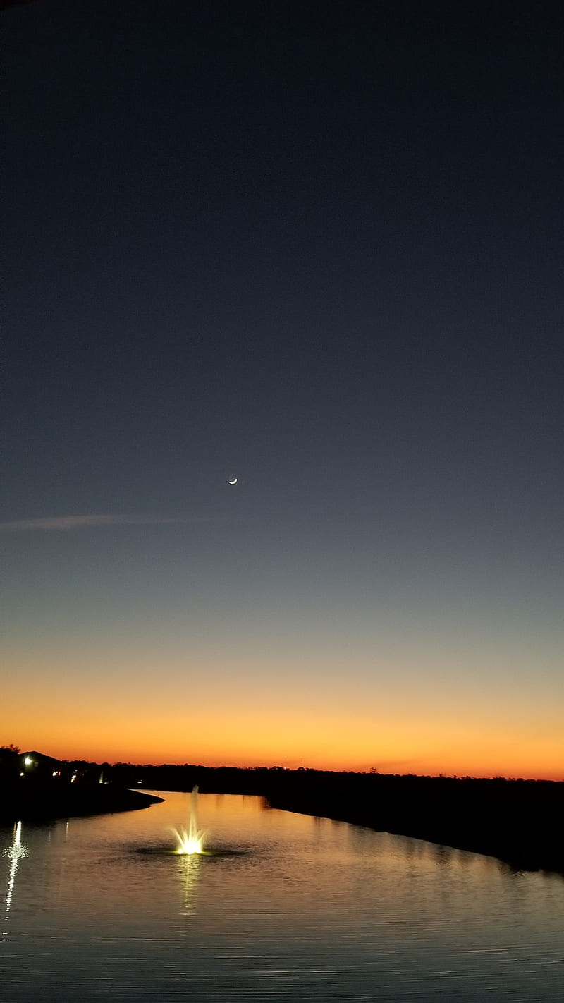Amazing FL Sun Set, beautiful sun set, fountain, moon, moon with sun set, sky, sun set, water, HD phone wallpaper