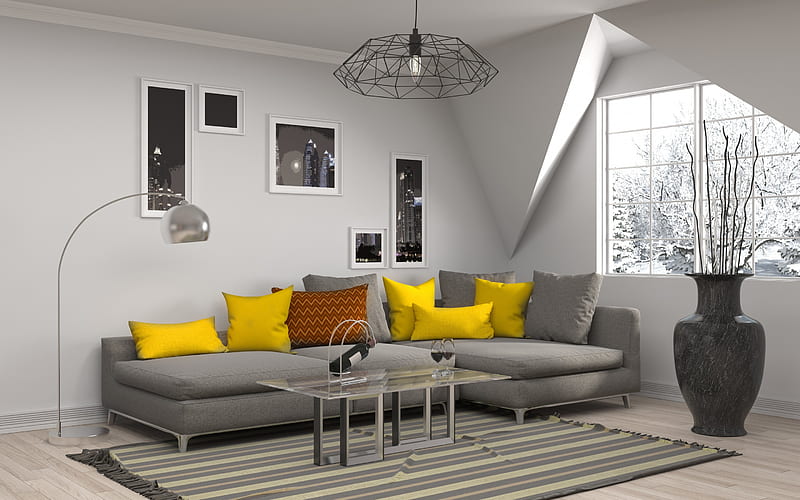 Gray living room, stylish modern interior, yellow pillows, gray sofa, desenho, stylish design interer, living room, HD wallpaper
