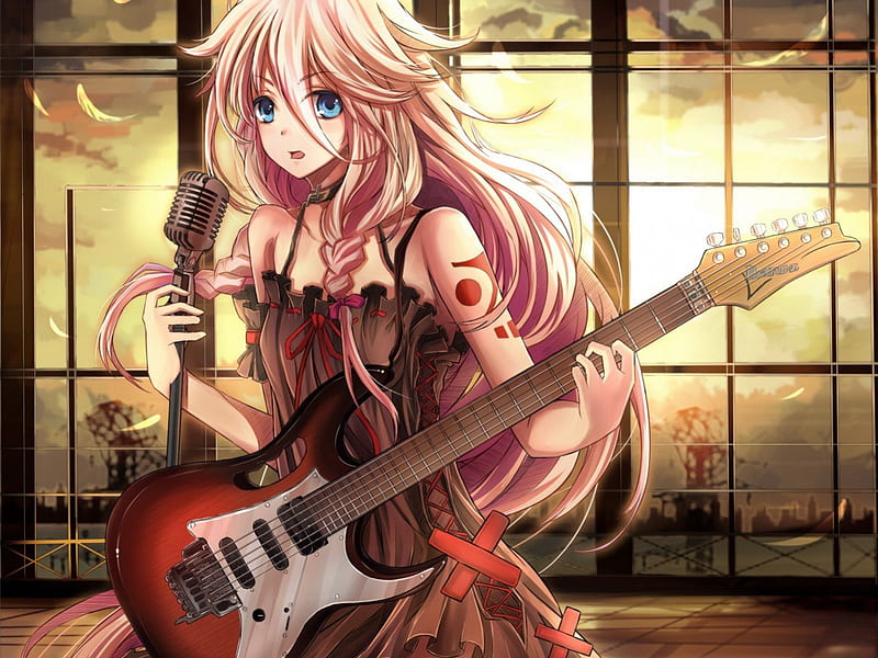 i will sing you one love song, vocaloid, guitar, anime, sunset, ia, HD wallpaper