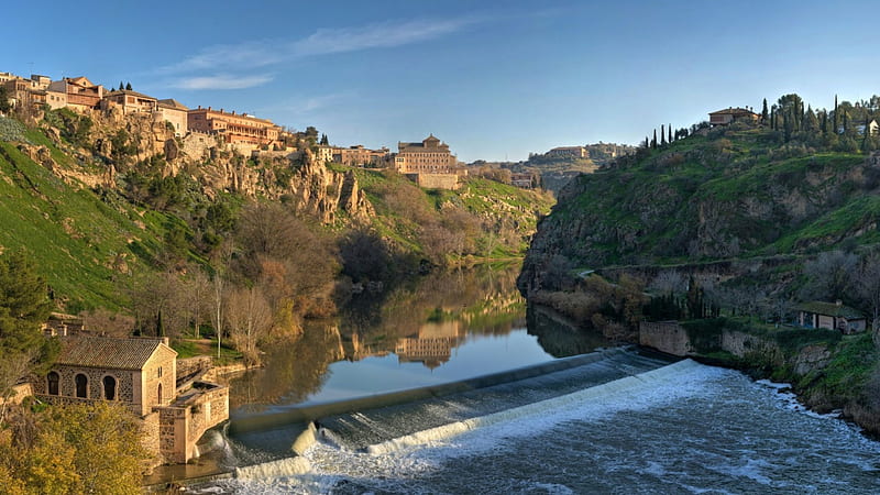 tagus river panorama toledo spain, river, cliffs, falls, town, HD wallpaper