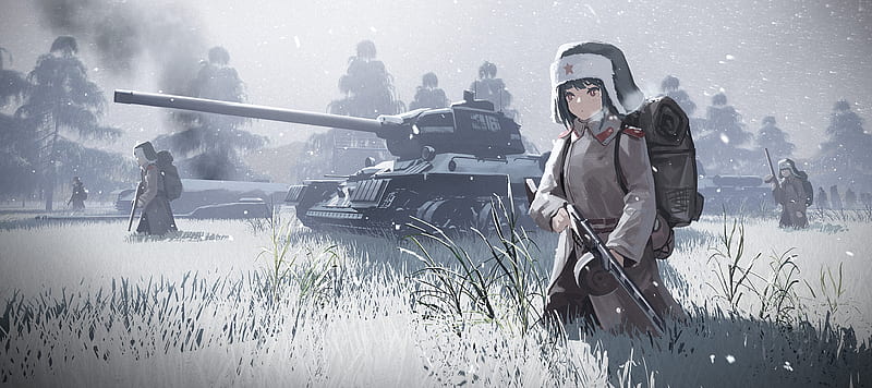 anime military girls, walking, tank, snow, winter, uniform, rifles, Anime, HD wallpaper