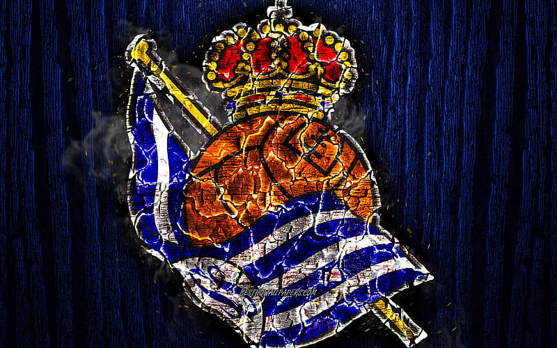 Real Sociedad FC, scorched logo, LaLiga, blue wooden background, spanish football club, La Liga, grunge, Real Sociedad SAD, football, soccer, Real Sociedad logo, fire texture, Spain, HD wallpaper