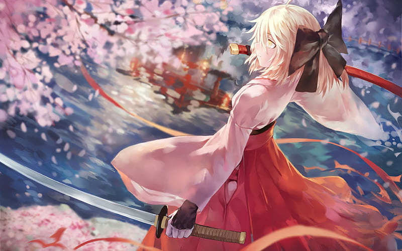 Sakura Saber Cherry Blossom Saber, katana, Fate Grand Order, Okita Souji, TYPE-MOON, HD wallpaper
