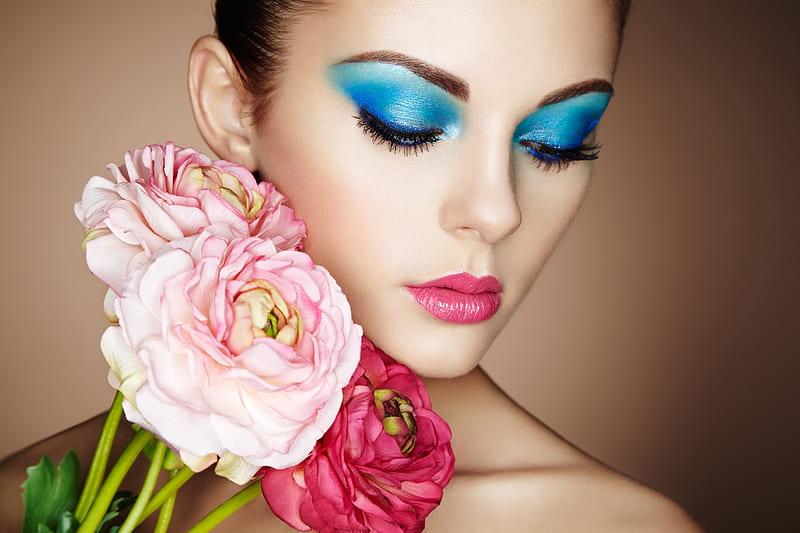 Beauty, ranunculus, model, oleg gekman, woman, girl, flower, face, pink, blue, HD wallpaper