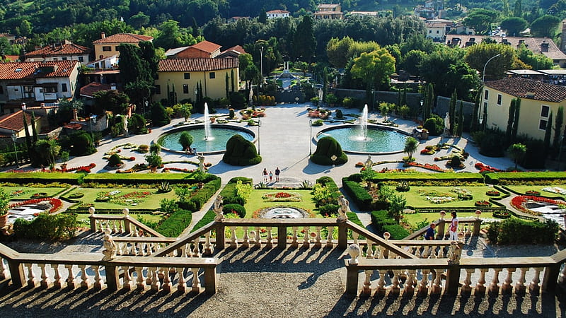 wonderful hillside garden in an italian town, garden, hillside, fountains, town, HD wallpaper