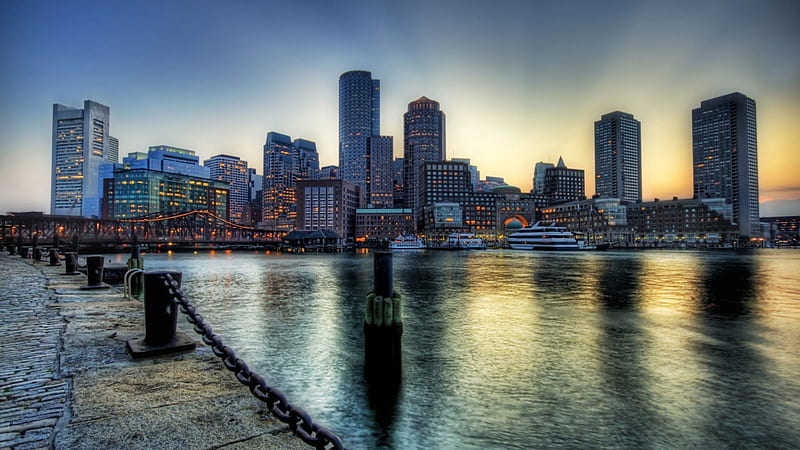 beautiful boston harbor r, chain, city, waterfront, r, harbor, skyscrapers, HD wallpaper