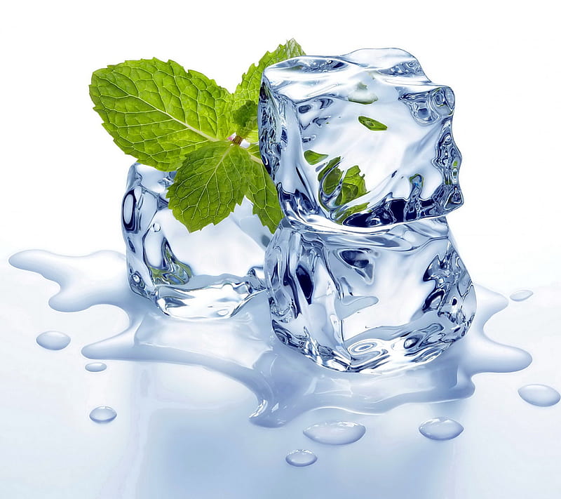 Ice cubes, cubes, mint, 3d, leaves, water, aqua, ice, drops, HD wallpaper