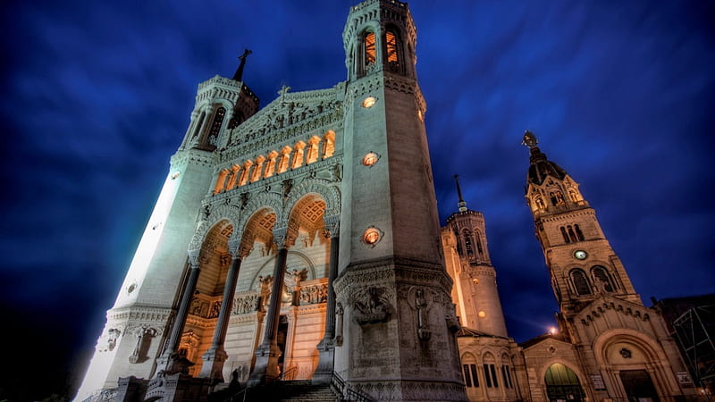 fantastic church facade from low angle r, charch, towers, r, low angle, facade, night, HD wallpaper