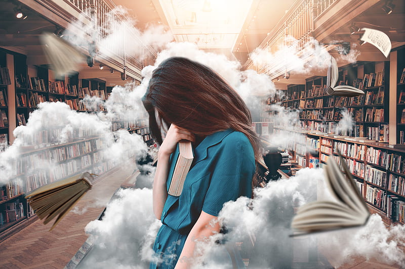 Girl In Library, girl, library, graphy, hop, clouds, HD wallpaper