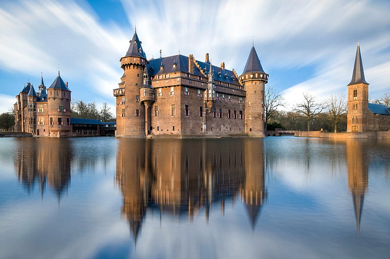 De Haar Castle, Netherlands, netherlands, water, medieval, reflection, castle, HD wallpaper