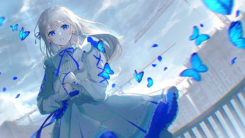 beautiful anime girl, blue butterflies, lolita fashion, polychromatic, Anime, HD wallpaper