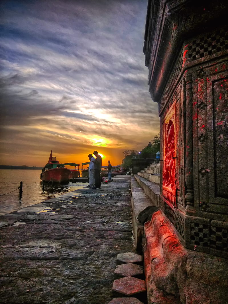 Maheshwar Ghat, devotees, heritage, narmada river, saud visuals, saudvisuals, sunrise, sunset, HD phone wallpaper