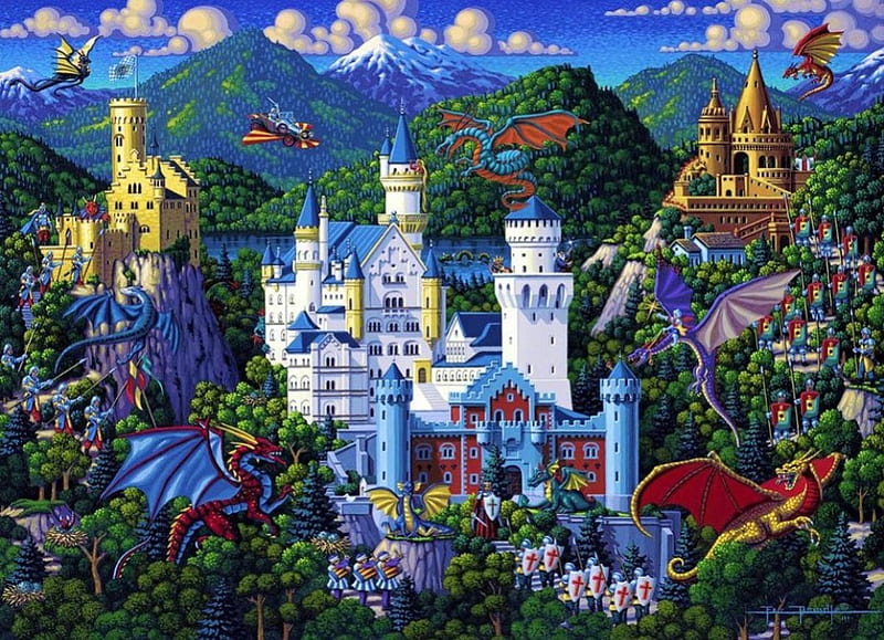  Castillos, Liechtenstein, pintura, neuschwanstein, dragones, obra de arte, Fondo de pantalla HD