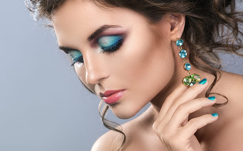 Beauty, model, girl, manicure, hand, face, jewel, woman, blue, nails, HD wallpaper