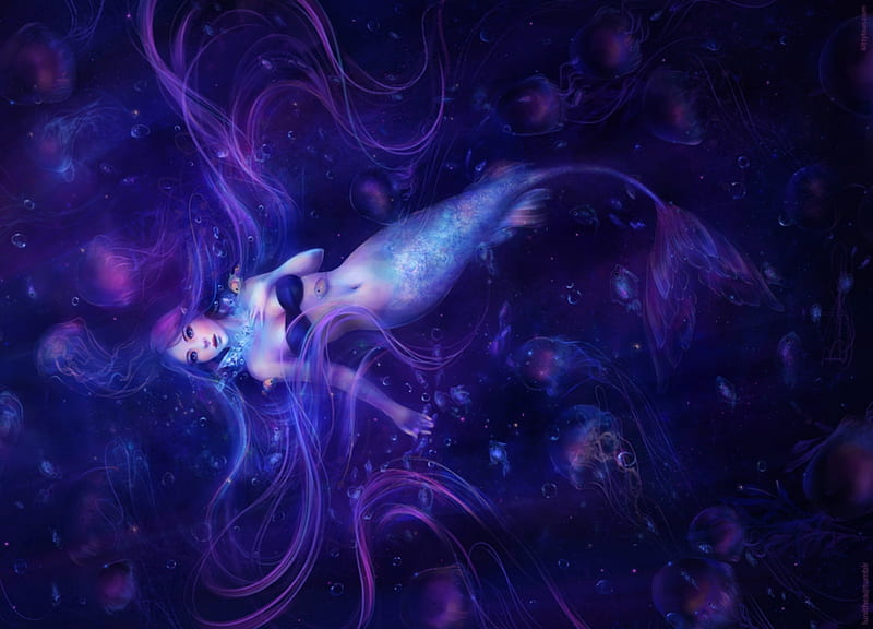 Mermaid, lunithea, art, frumusete, nebula mermaid, luminos, woman, sirena, fantasy, vara, water, girl, purple, summer, beauty, pink, blue, HD wallpaper