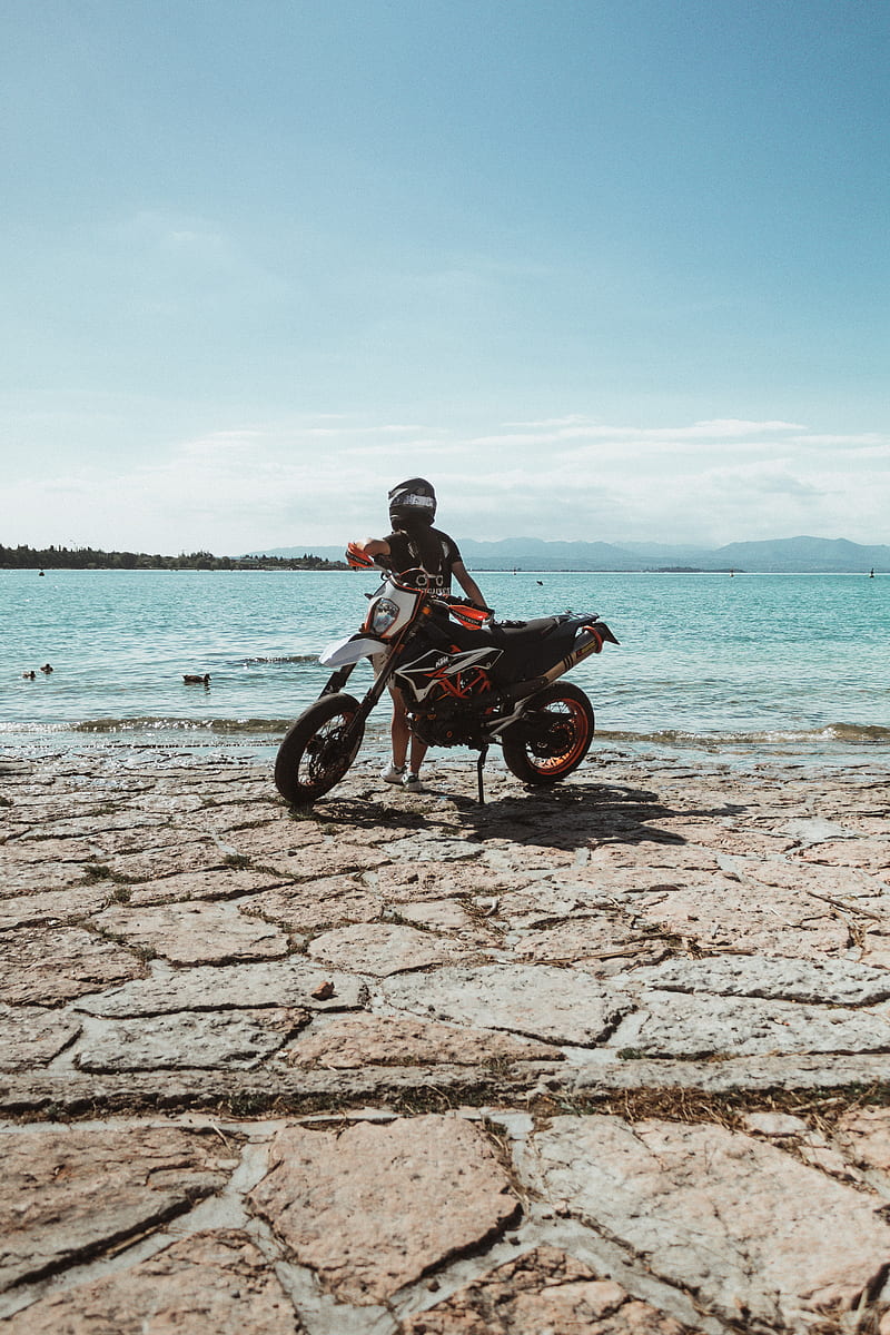 Ktm, motorcycle, girl, helmet, coast, HD phone wallpaper | Peakpx