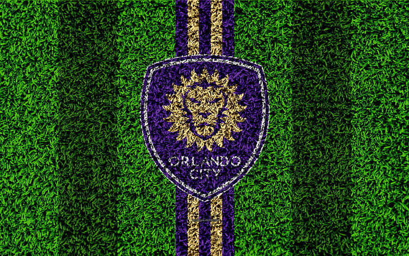 Orlando City SC MLS, football lawn, logo, american soccer club, purple yellow lines, grass texture, Orlando, Florida, USA, Major League Soccer, football, Orlando City FC, HD wallpaper
