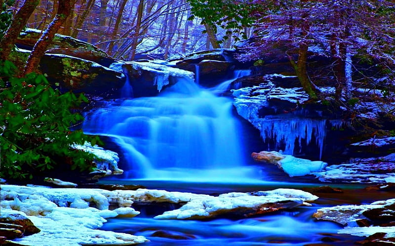 *Winter Waterfall*, amazing, refreshing, fresh, bonito, snowy, winter, graphy, water, snow, flowing, waterfall, beauty, nature, cascade, blue, falls, HD wallpaper