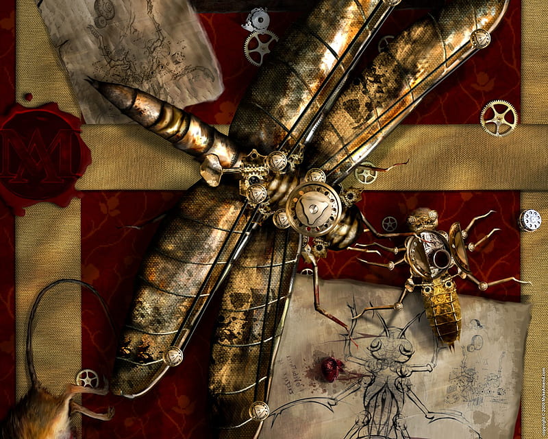 Its all mechanics, conception, metal, fly, gold, science, dragonfly, rat, drawings, insects, HD wallpaper