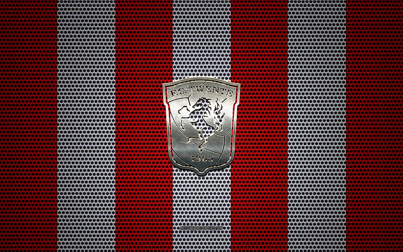 FC Twente logo, Dutch football club, metal emblem, red white metal mesh background, FC Twente, Eredivisie, Enschede, Netherlands, football, HD wallpaper