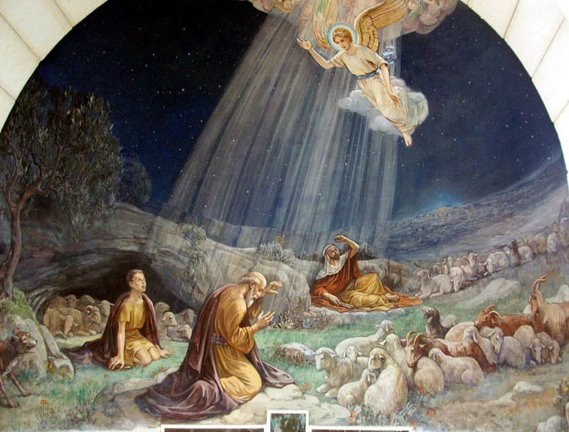 Nativity in Bethlehem, sheep, christmas, angel, shepherds, artwork, HD wallpaper