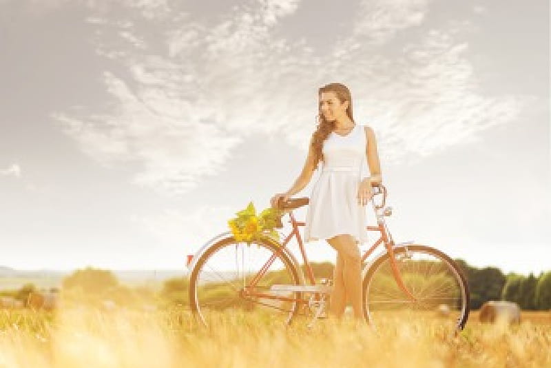 Beauty, female, bicycle, sky, woman, clouds, splendor, bike, sunshine, lady, HD wallpaper