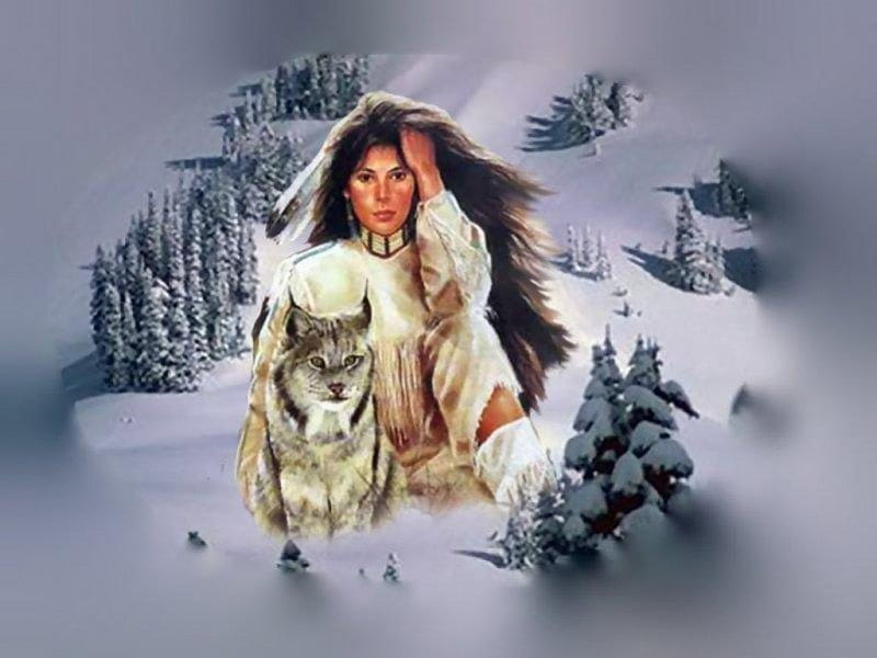 native american, indian girl, bobcat, snow, HD wallpaper