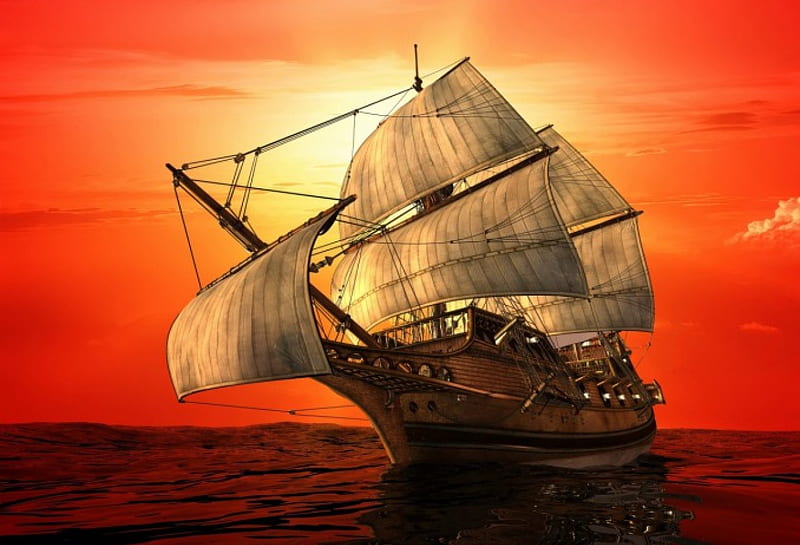 Old Battleship, sun, ocean, sailing, sails, sunset, sky, artwork, cannons, 3d, water, HD wallpaper