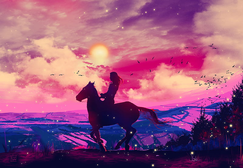 Dream rider, rider, nuha notion, sunset, silhouette, horse, pink, luminos, cal, fantasy, girl, blue, HD wallpaper
