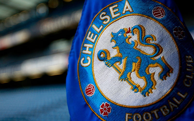 Chelsea FC, logo on the flag, football stadium, Stamford Bridge, London, England, Chelsea logo, Premier League, HD wallpaper