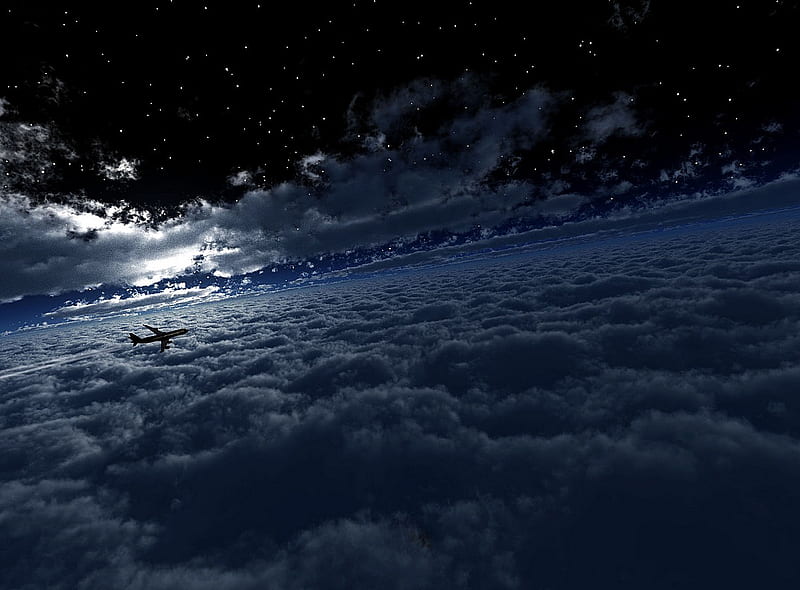 night flight, flight, sky, clouds, fly, airplane, plane, dark, beauty, evening, blue, night, HD wallpaper