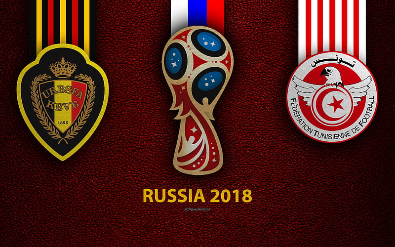 Belgium vs Tunisia Group G, football, 23 June 2018, logos, 2018 FIFA World Cup, Russia 2018, burgundy leather texture, Russia 2018 logo, cup, Belgium, Tunisia, national teams, football match, HD wallpaper