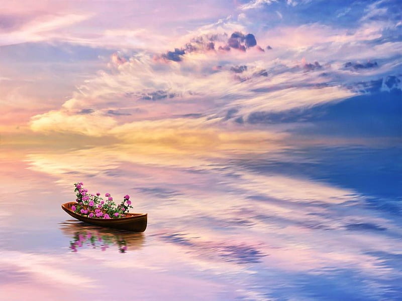 Like a Dream, clouds, refection, boat, water, beauty, flowers, sky, HD wallpaper