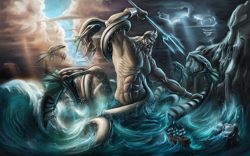 Poseidon, mytholoigical, sea, ocean, artist, fantasy, creatures, HD wallpaper