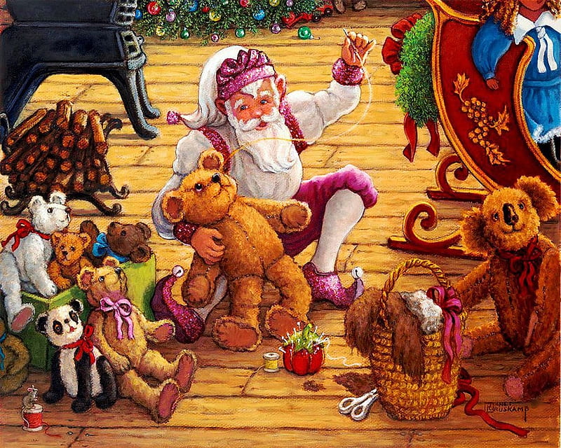 Countdown to Christmas, santa, painting, bears, toys, artwork, HD wallpaper
