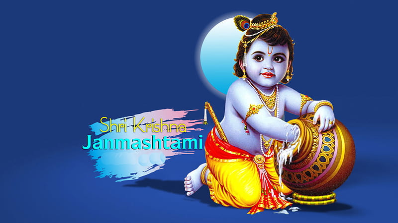 Little Krishna Butter Pot Blue Background God Krishna, HD wallpaper